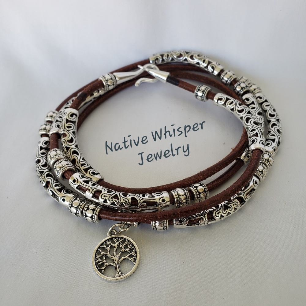 Tree of life leather and silver wrap bracelet